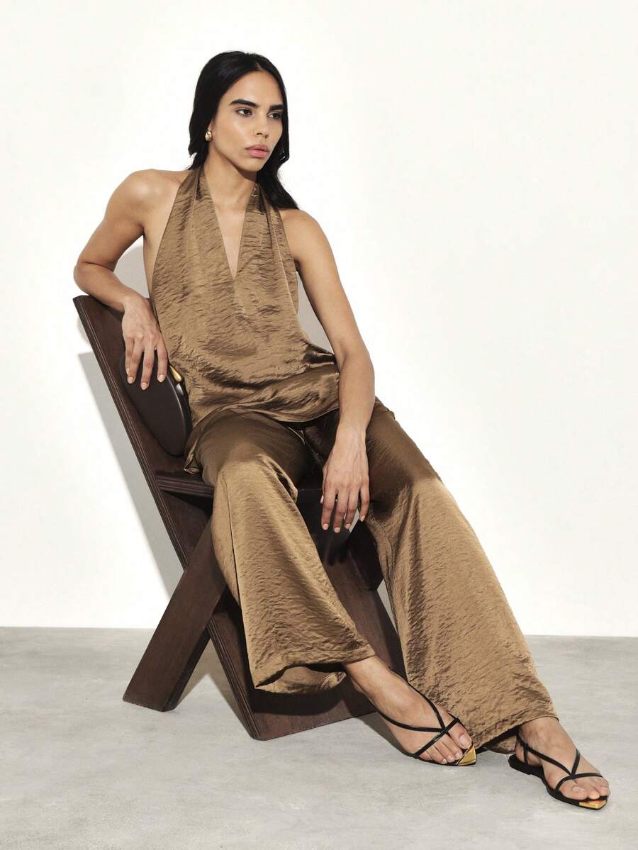 Women Halter Neck Cross Back Top Wide Leg Palazzo Pants Two Piece Coord Set Outfit Summer Lounge Casual Matching Set - Brown - View 1