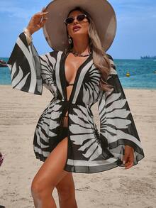 Swim Lushoire Women's Vacation Beach Mesh Shell Digital Print Flare Sleeve Elastic Waist Drawstring Tie Vacation Kimono Robe - Black - View 3