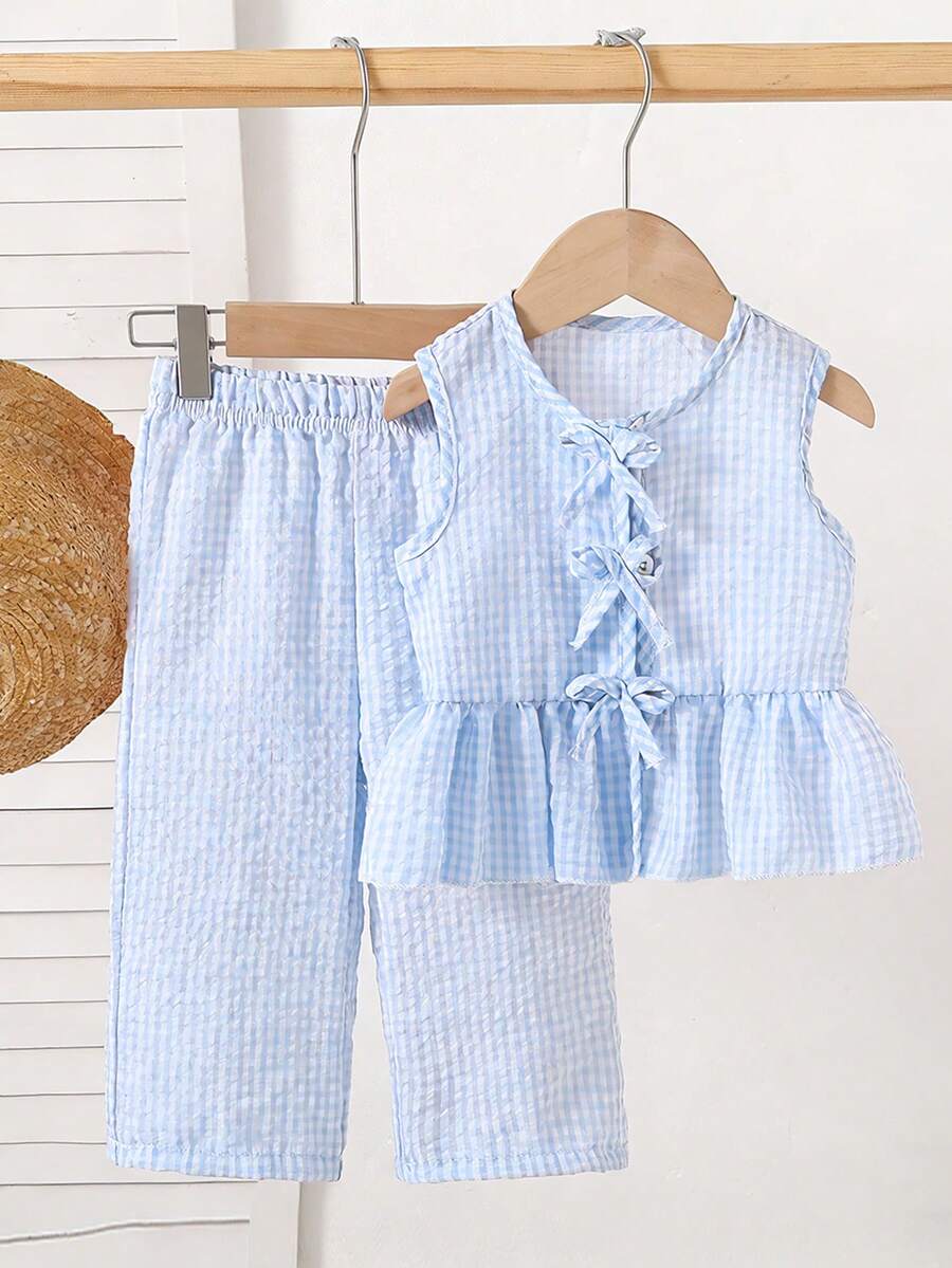 SHEIN Playful Pals 2件套女婴幼儿/新生儿0-3岁春夏休闲甜美日常度假条纹梭织无袖上衣和阔腿裤两件套 - 淺藍色 - 查看 1