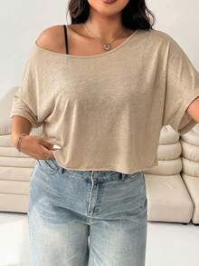 Solflare Áo thun kaki mùa hè dáng rộng cỡ lớn - Màu Khaki - Xem 4