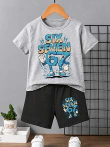 SHEIN GraphicGems Set de 2 piezas de camiseta de manga corta con estampado de relámpago 67 y letra, y pantalones cortos casuales y creativos para niños pequeños, uso cómodo para primavera, verano y otoño - Multicolor - Ver 3