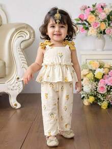 2 Stücke Baby Mädchen gewebte Blumen Schleife Dekor lässige Weste und Hose Set - Gelb - Übersicht 6