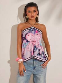 SHEIN BAE Áo kiểu nữ in hoa, cổ yếm, hở lưng, gợi cảm, đa năng, thích hợp cho hẹn hò và đi chơi. - Màu Hồng baby - Xem 6