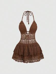 Sweetra Women's Bohemian Coffee Brown Halter Neck Dress, Spring/Summer, Brown Romper Women, Brown Sundress Beach Party Outfit For Women Women's Summer Outfits Sexy Outfits For Women - Coffee - View 1