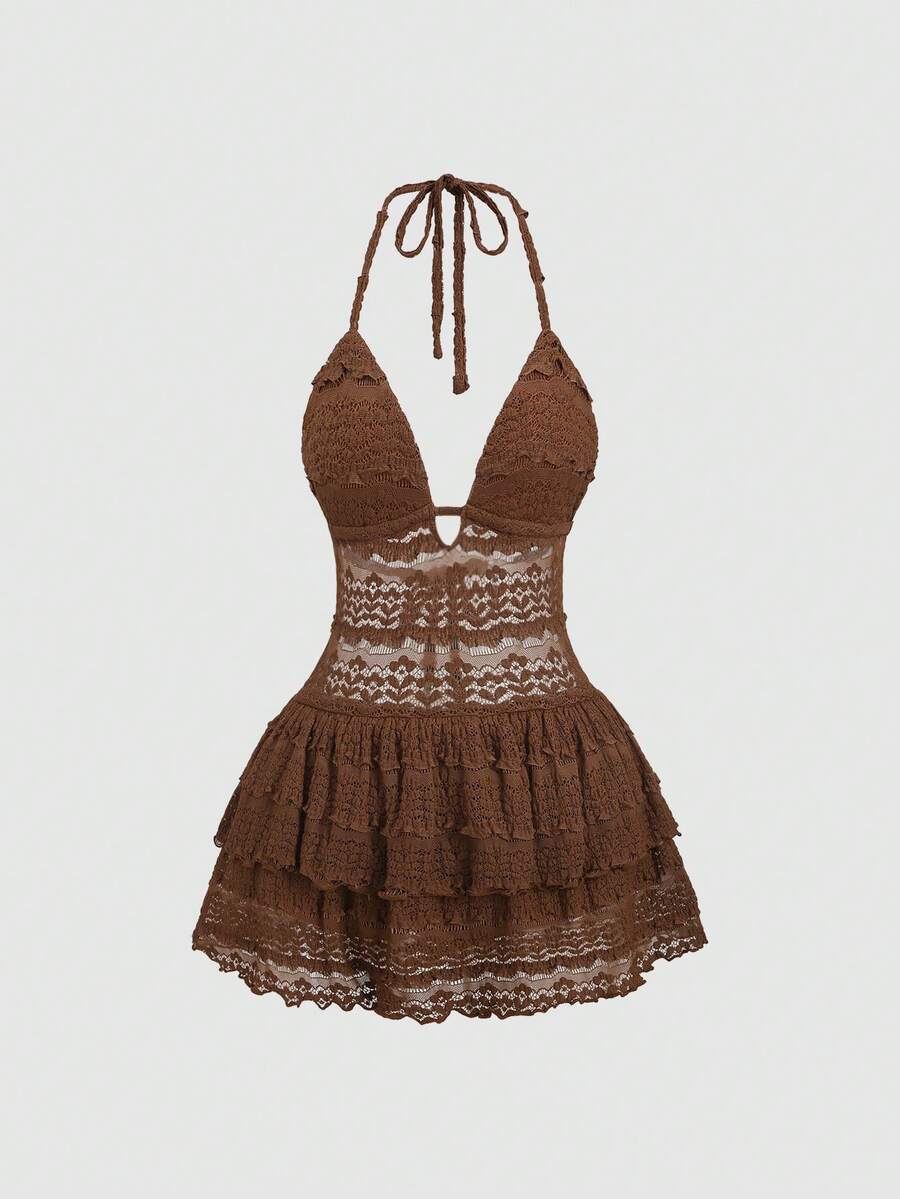 Sweetra Women's Bohemian Coffee Brown Halter Neck Dress, Spring/Summer, Brown Romper Women, Brown Sundress Beach Party Outfit For Women Women's Summer Outfits Sexy Outfits For Women - Coffee - View 1