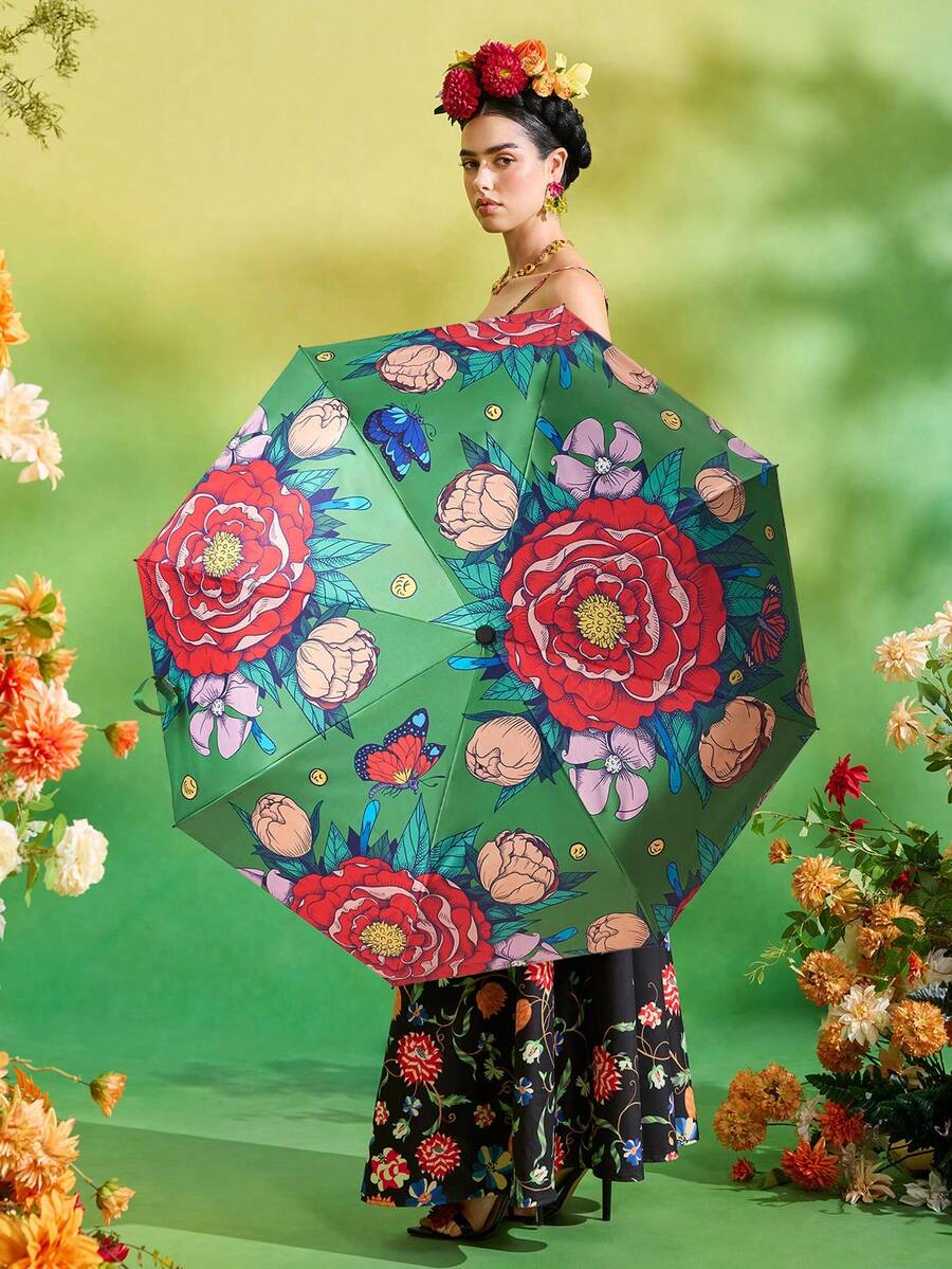Frida Kahlo X SHEIN 1pc Floral Pattern Printed Umbrella, UV Protection UPF 50+, Perfect For School, Work, Outdoor And Daily Use, Designed For College Students, High School Students, Men And Women, Mexican Style, Tropical Flowers, Butterfly, Frida Kahlo, Vintage Art, Women Power - color - View 1