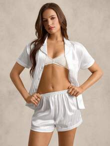 EverLounge Ensemble de pyjama satin à boutons et rayures, blanc - Blanc - Voir 4