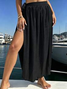 EMERY ROSE Plus Size Women's Side Knot Linen Vacation Black Bamboo Knit Skirt Fall - Black - View 4