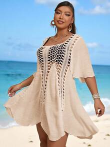 Swim Vcay Plus Size Women Solid Color Square Neck Ruffle Sleeve Hollow Out Cover Up Dress - Apricot - View 6