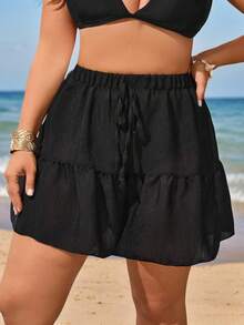 Swim Vcay Plus Size Cover-Up Tunic & Shorts Set With Tie, Loose Beach Dress For Coverage, Resort Vibe For Summer Beach Vacation - Black - View 4