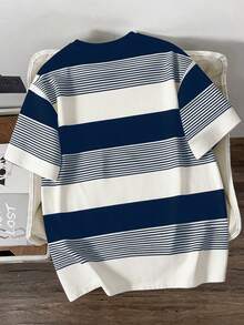 Manfinity Joysei Camiseta casual de cuello redondo de manga corta holgada con rayas para hombre - Azul Marino - Ver 2