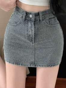 FRIFUL Chân váy denim ngắn nữ đính đá lấp lánh, kiểu dáng thường ngày, đa năng, thích hợp cho buổi hẹn hò, mùa hè. - Màu xanh lam - Xem 3
