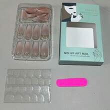 按压式美甲，中号杏仁形假指甲，女士自然渐变粉白 - 彩色 - 查看 8