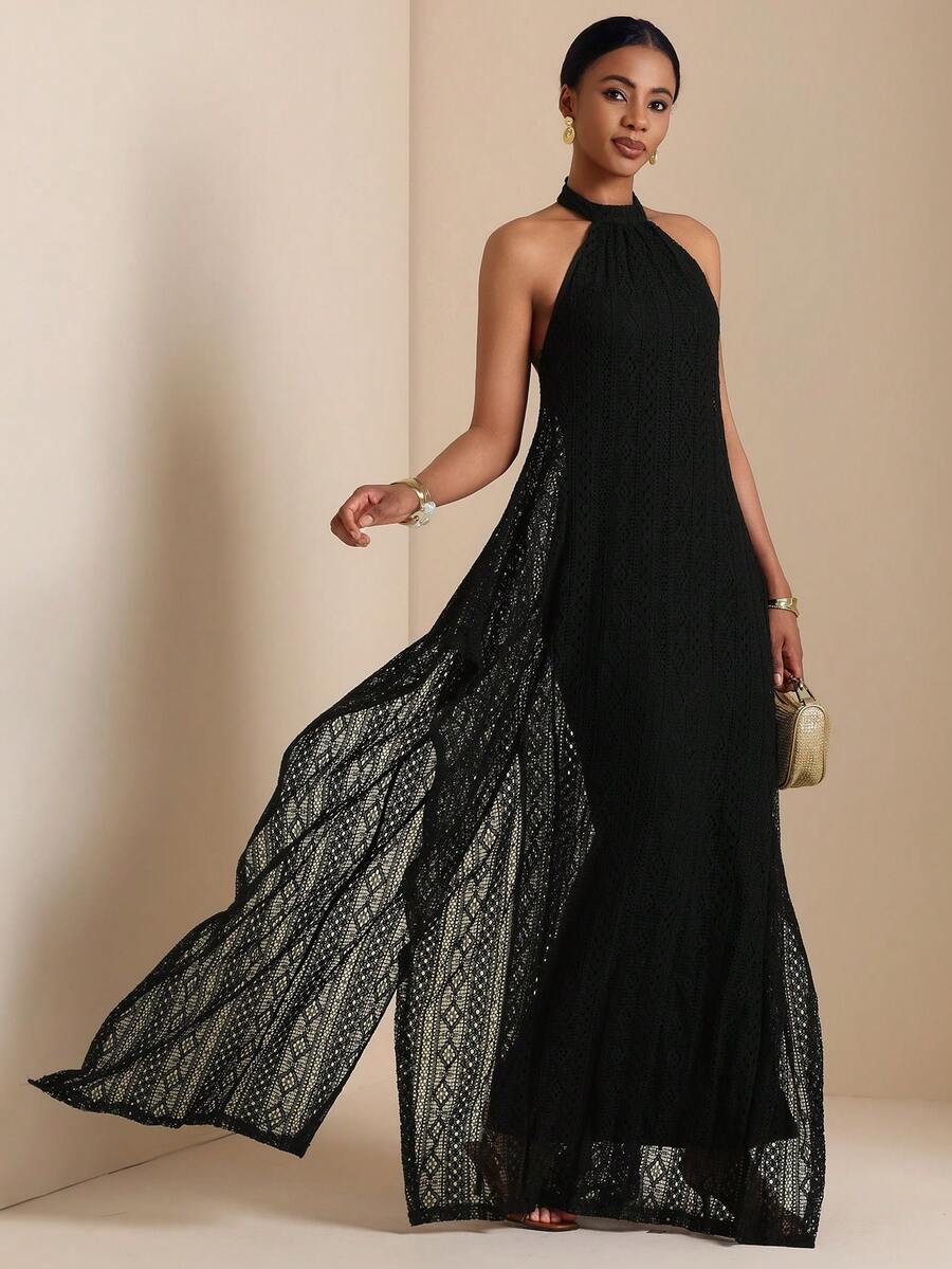 Vesra Women's Solid Color Elegant Party Halter Dress - Black - View 1