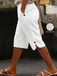 SHEIN LUNE CURVE Women's Plus Size Casual White 100% Cotton Linen Shorts,Comfortable Basic Solid Long Pants,Summer Sommar Outerwear,Vacation Holiday,Soft - White - View 1