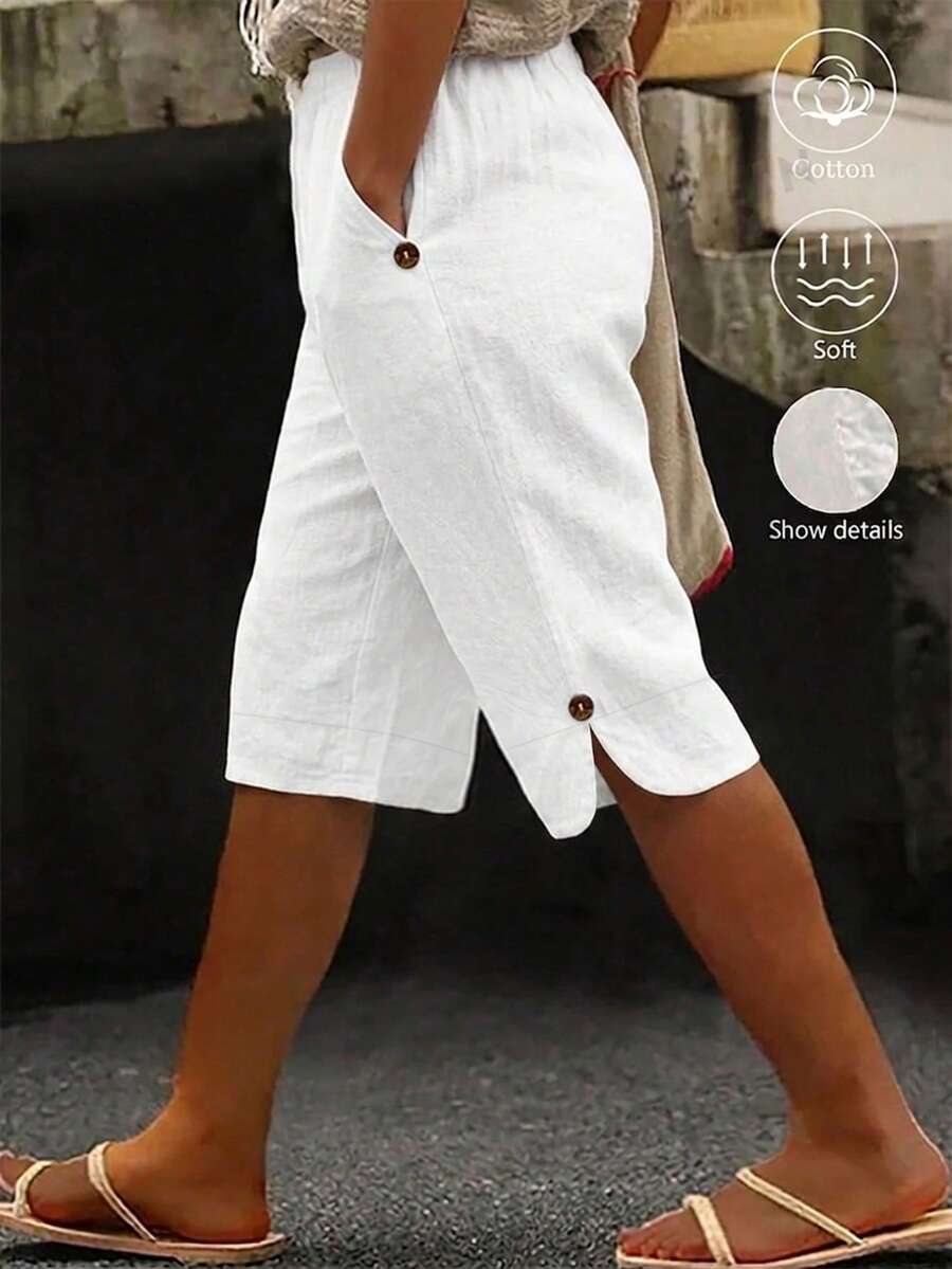 SHEIN LUNE CURVE Women's Plus Size Casual White 100% Cotton Linen Shorts,Comfortable Basic Solid Long Pants,Summer Sommar Outerwear,Vacation Holiday,Soft - White - View 1
