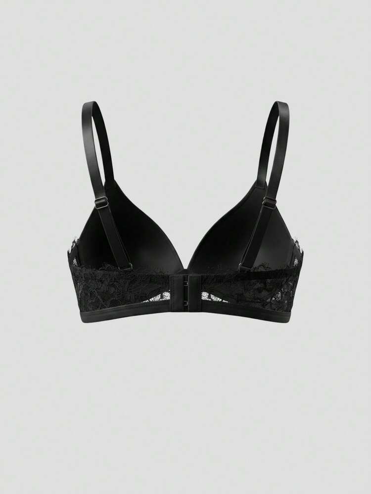 Lace Patchwork Solid Color Adjustable Spaghetti Strap Lightly Padded Bra For Women