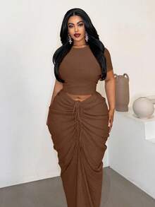 Maweii Plus Size Sexy Fitted Beach Ruched Skirt Set - Brown - View 2