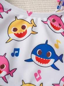 BABY SHARK X SHEIN 女童卡通印花荷叶边吊带背心式泳衣上装和三角泳裤套装 - 淺粉色 - 查看 5