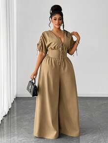 Maweii Plus Size Elegant Short Sleeve V-Neck Drawstring Jumpsuit - Khaki - View 4