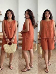 Enliva Bộ 2 áo ba lỗ không tay màu trơn cỡ lớn và quần short, thời trang tối giản phù hợp cho mùa hè - Màu Cam cháy - Xem 4