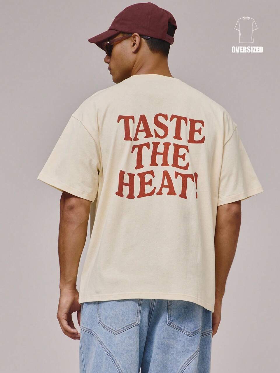 Off White Oversized Large Back Slogan Print "TASTE THE HEAT" Graphic Print Short Sleeve Tshirt