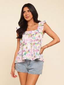 Coeurva Women's Elegant Boho White Floral Print Sleeveless Top,Comfortable Square Neck Summer Blouse,Cute Girly Tops For Holiday Vacation,Daily Casual Wear - Purple - View 10