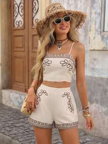 Brillora Bộ đồ nữ phong cách Bohemian thêu hoa gồm áo hai dây và quần short, thích hợp cho kỳ nghỉ và đi biển. - Màu Khaki - Xem 2