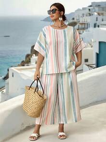 Parysyn Plus Size Woven Printed Casual Resort Summer Women's Two Pieces Set - Multicolor - View 6