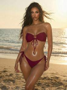 SHEIN Swim Solid Color Bikini Set, Vacation Beach For Summer - Burgundy - View 6