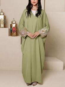 Yasmyna 女士优雅花卉串珠前开襟长袍 - 綠色 - 查看 5