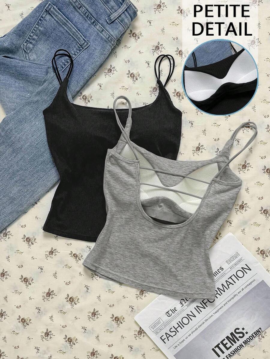 SHEIN Attitoon Bộ đồ hai mảnh cỡ nhỏ, kiểu dáng tối giản, màu đen và xám, áo hai dây có đệm, phù hợp cho mùa xuân/hè, đa năng. - màu đen - Xem 1