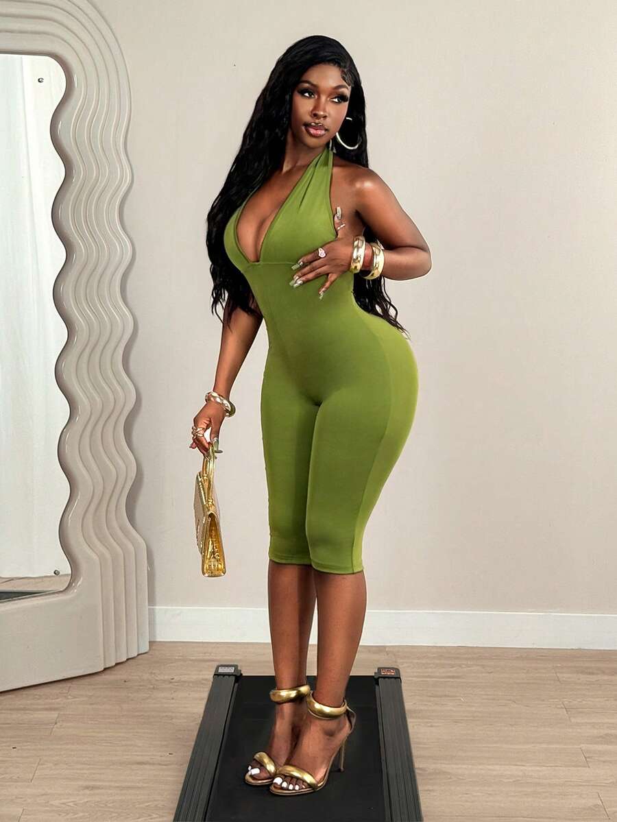 BamGleam 女士夏季深V领吊带牛油果绿露背吊带系腰性感派对修身连体裤 - 綠色 - 查看 1