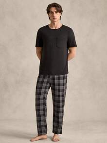 EverLounge Men Solid Tee & Gingham Print Pants PJ Set / Pajama Set - Multicolor - View 3