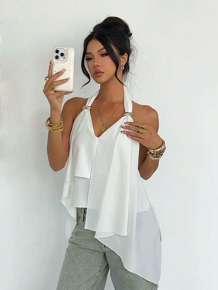 DAZY White Metal Decor V-Neck Sleeveless Top For Women - White - View 6