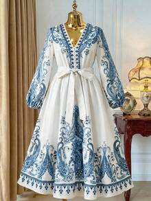 Court Retro  Plus Size Women Locating Floral Print Elegant Lantern Sleeve V-Neck Elastic Waist A-Line Dress Fall Cloth For Women - Blue - View 1