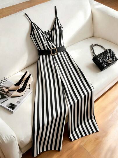 Franclia Trang phục nghỉ hè mới: Bộ jumpsuit hở lưng kẻ sọc đen trắng có thắt lưng, giúp thon gọn vòng eo, hoàn hảo cho các bữa tiệc bãi biển và kỳ nghỉ. Thích hợp cho trang phục đi nghỉ mát của phụ nữ. Jumpsuit kẻ sọc, Jumpsuit kẻ sọc đen trắng, Jumpsuit thời trang, Jumpsuit mùa hè thanh lịch, Jumpsuit độc đáo, Jumpsuit duyên dáng