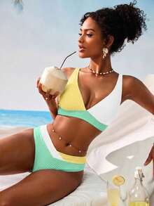 Swim Vcay Women's V-Neck Textured Striped Tankini Swimwear Set - Multicolor - View 5
