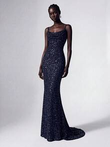 Elitara Váy dạ hội trang trọng không tay đính sequin cho nữ (Kiểu dáng nặng) Váy dự tiệc cưới thanh lịch, dự tiệc tốt nghiệp, váy dự tiệc tối - Màu xanh hải quân - Xem 7