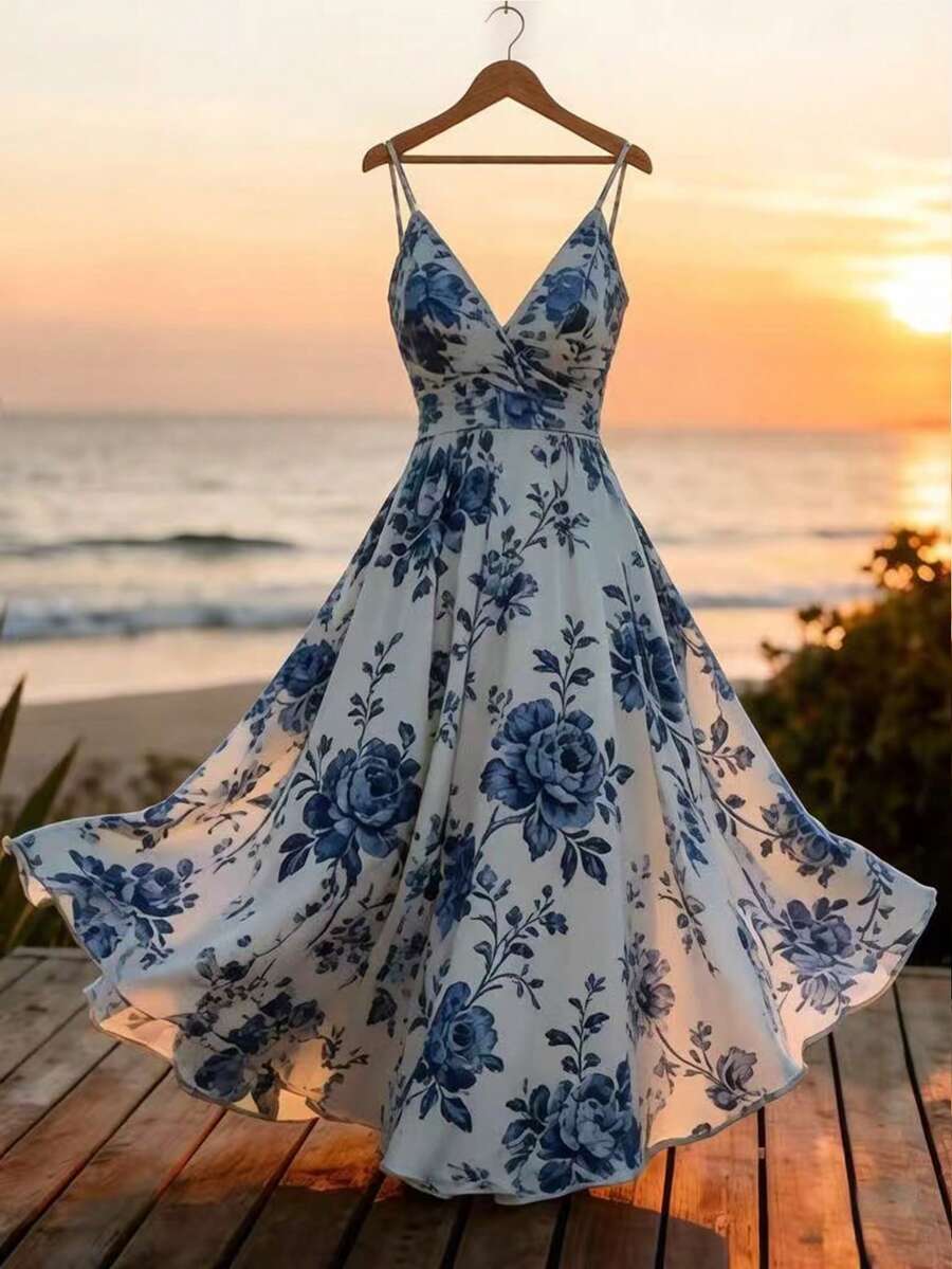 GlowEve Women's Blue & White Porcelain Print Spaghetti Strap Waist Cinched X-Shaped Dress, Romantic For Spring/Summer Vacation - Multicolor - View 1