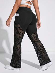 SHEIN Rhythm Era Plus-Size Women's High-Waisted Geometric Mesh Flared Sweatpants - Black - View 7