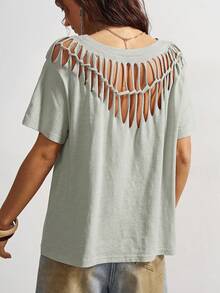 Bohemela Casual Solid Color Knit Round Neck Short Sleeve Distressed Loose Women T-Shirt,Summer Top - Mint Green - View 7
