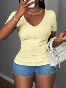 Slaydiva 2025 New Basic Sleeveless V-Neck Ribbed Tank Top For Plus Size Women, White - Light Yellow - View 6