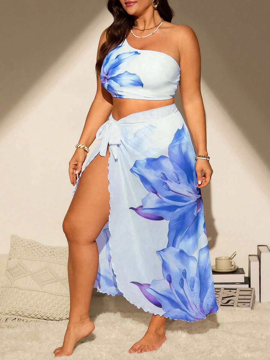 Swim Vcay Bộ đồ bơi 3 mảnh cỡ lớn dành cho nữ, màu đen, họa tiết hoa ly 3D, gồm áo lệch vai, quần cạp cao và chân váy. - Xanh và trắng - Xem 1