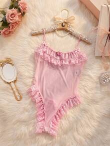 DAZY Lace & Mesh Patchwork Semi-Sheer Floral Decor Bodysuit, Fitted Spaghetti Strap Ruffle Trim Sexy Jumpsuit For Women - Pink - View 14
