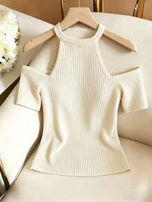 Franclia Women's Solid Color Off-Shoulder Ribbed Fitted Fashionable T-Shirt - Apricot - View 2
