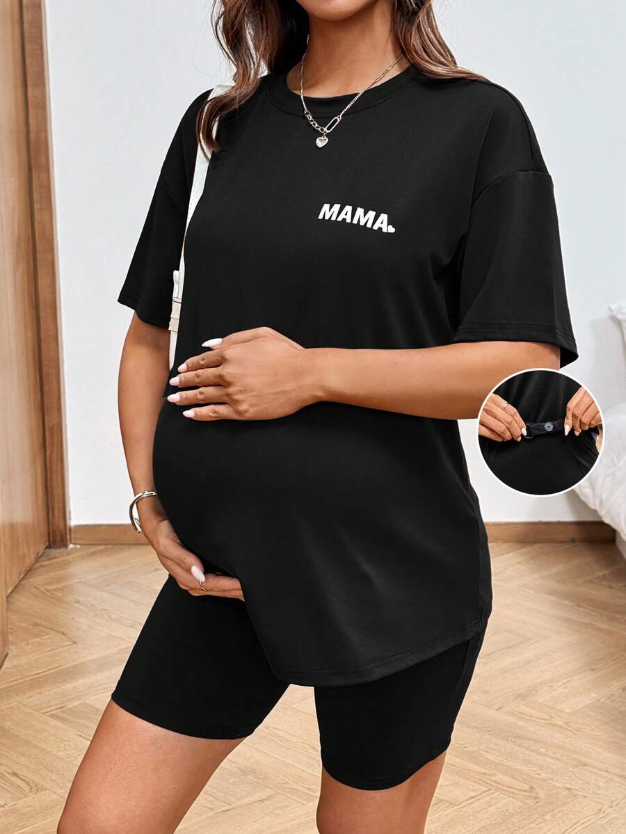 SHEIN Setelan Ibu Hamil 2 Potong Kasual untuk Pemotretan Musim Panas, Kaos Lengan Pendek dan Celana Pendek dengan Motif Huruf - Hitam - View 1