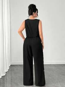 SHEIN Tall CURVE مجموعة قطعتين من سترة مربوطة وبنطلون بطبعة زهور للمقاسات الكبيرة - الأسود - مشاهدة 2
