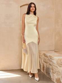 Enchnt Summer Romantic Women's Yellow Satin Backless Sleeveless Maxi Dress,Sweet&Elegant Dresses For Wedding, Vacation&Party&Date&Easter&Social&Going Out, Bridal Shower Dresses,Summer Outfit Women,Summer Dresses For Women - Light Yellow - View 3