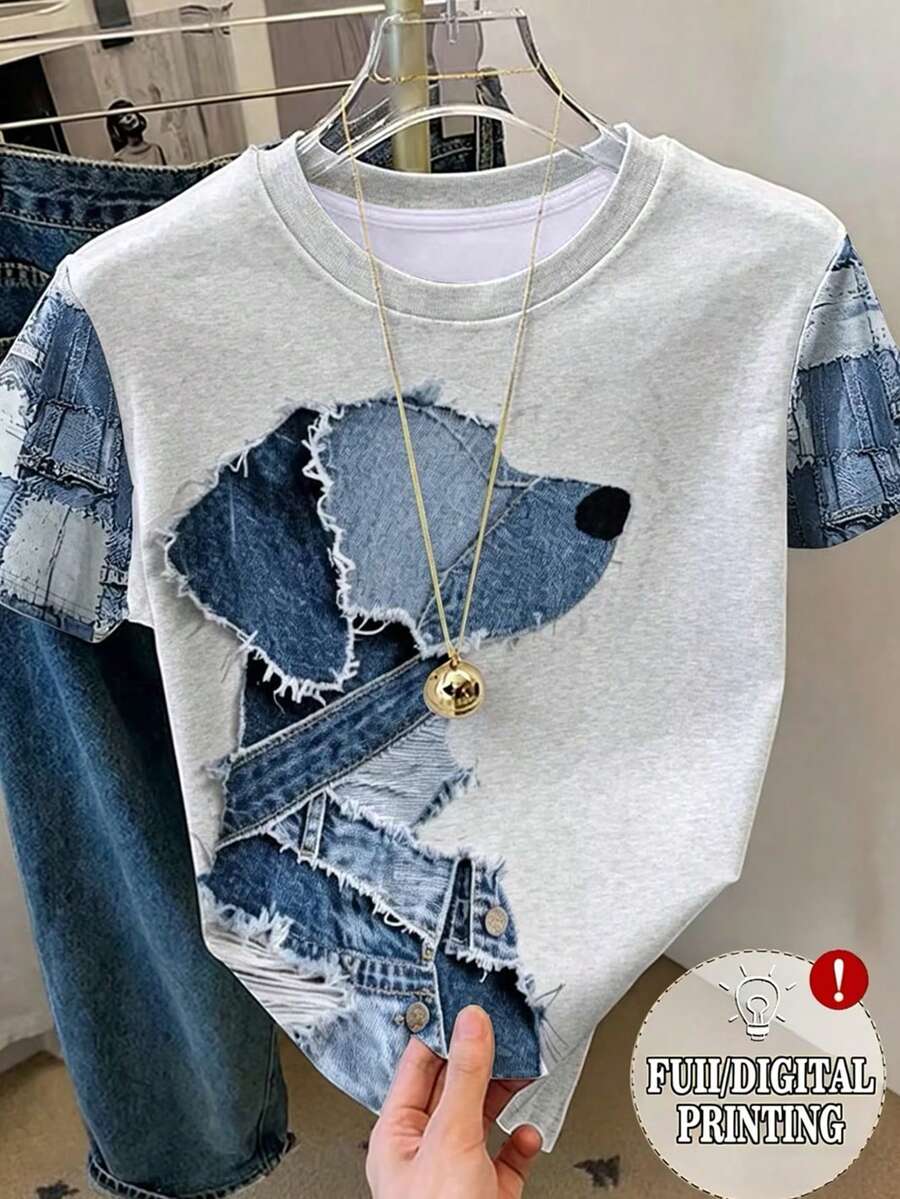 Resyla Women's Casual Denim Effect Print T-Shirt, Summer - Dark Grey - View 1